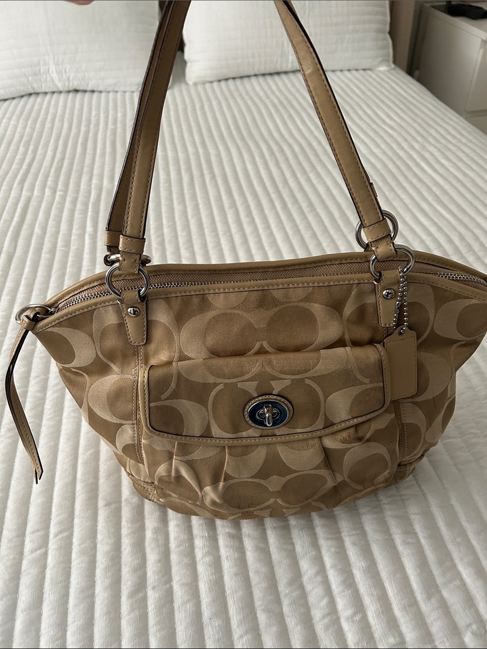 Coach Tan Logo Canvas Shoulder Bag with Turn-Lock Pocket
